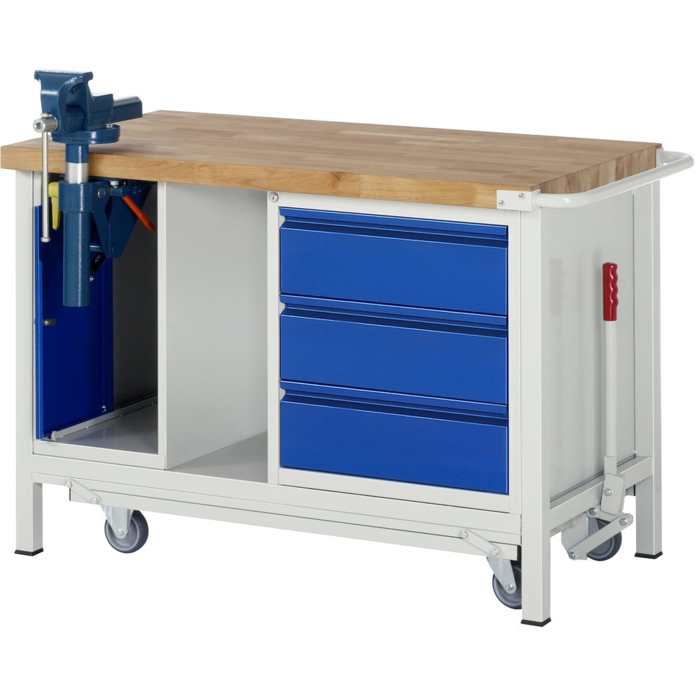 Productafbeelding nr. 1: Werkbank RAU serie 8000 met neerlaatbaar onderstel, 2 kasten, 1 legbord, hxbxd 880 x 1.250 x 700 mm, 3 x voor 90% uittrekbare lades