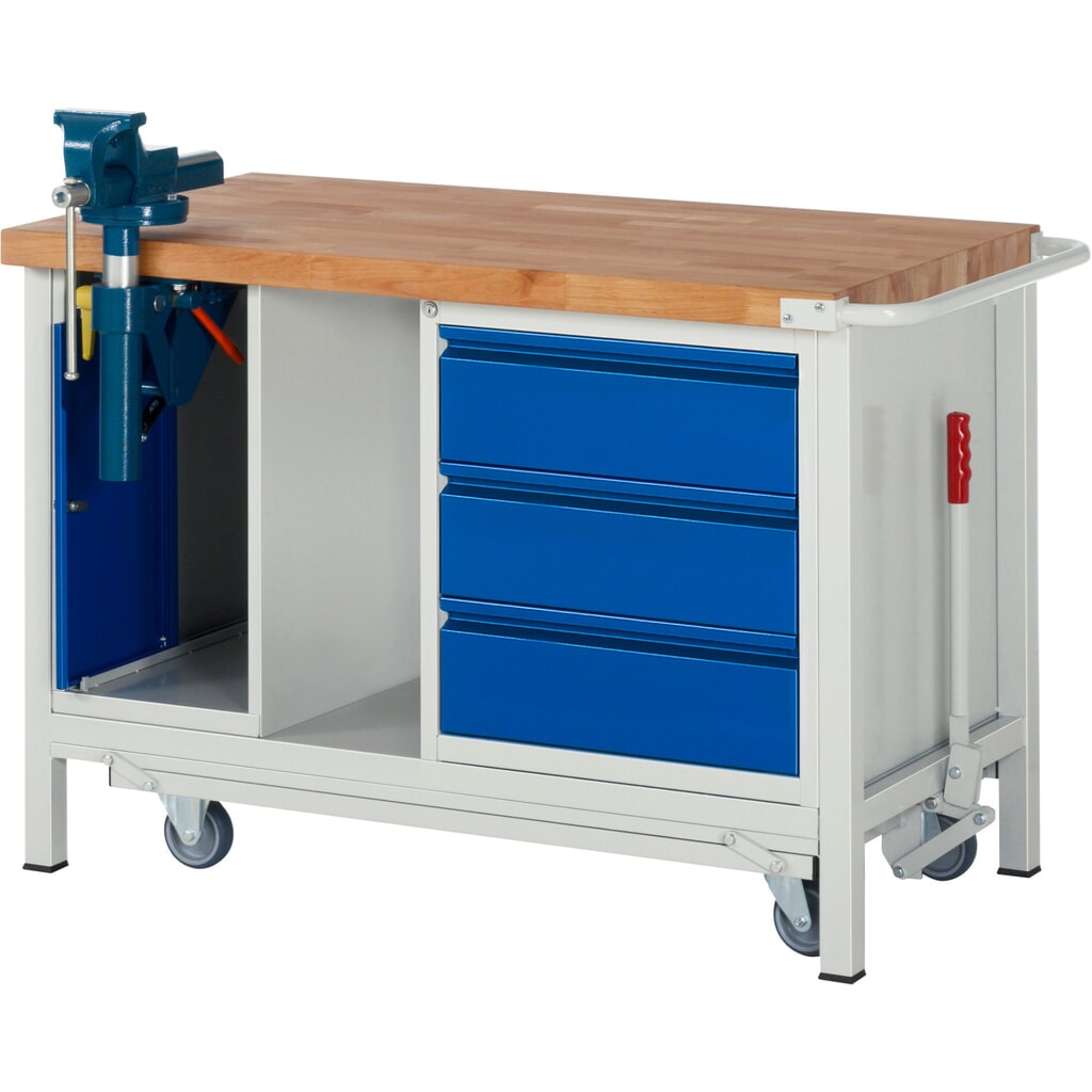 Werkbank RAU serie 8000 met neerlaatbaar onderstel, 2 kasten, 1 legbord, hxbxd 880 x 1.250 x 700 mm, 3 x voor 90% uittrekbare lades Product afbeelding: Werkbank RAU serie 8000 met neerlaatbaar onderstel, 2 kasten, 1 legbord, hxbxd 880 x 1.250 x 700 mm, 3 x voor 90% uittrekbare lades