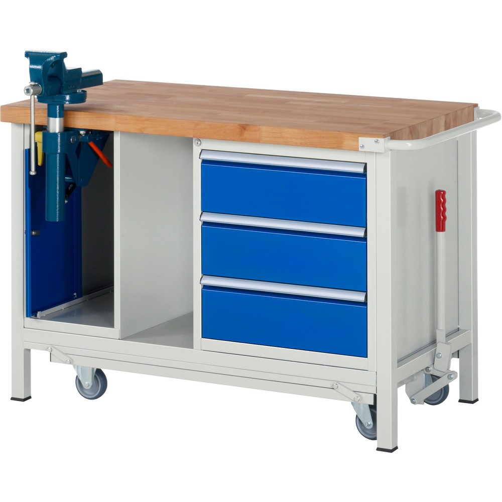 Product afbeelding: Werkbank RAU serie 8000 met neerlaatbaar onderstel, 2 kasten, 1 legbord, hxbxd 880 x 1.250 x 700 mm, 3 x voor 100% uittrekbare lades