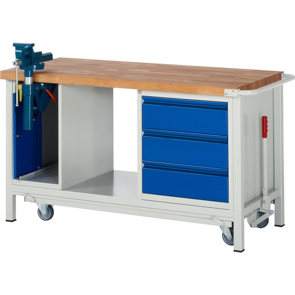 Productafbeelding nr. 1: Werkbank RAU serie 8000 met neerlaatbaar onderstel, 2 kasten, 1 legbord, hxbxd 880 x 1.500 x 700 mm, 3 x voor 90% uittrekbare lades