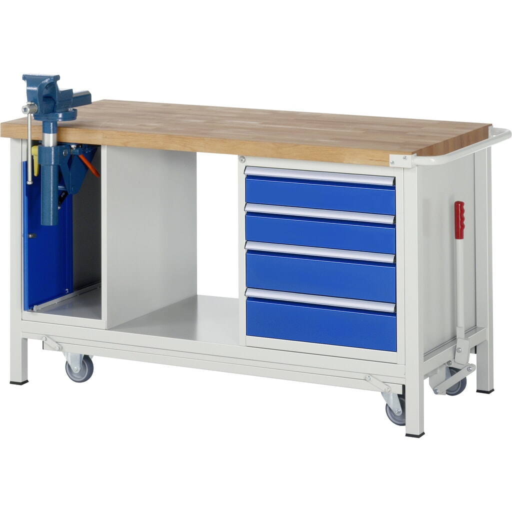 RAU werkbank met dolly serie 8000, h x b x d 880 x 1.500 x 700 mm, 1 onderbouwkast met 4 lades en inklapbare bankschroef Product afbeelding: RAU werkbank met dolly serie 8000, h x b x d 880 x 1.500 x 700 mm, 1 onderbouwkast met 4 lades en inklapbare bankschroef