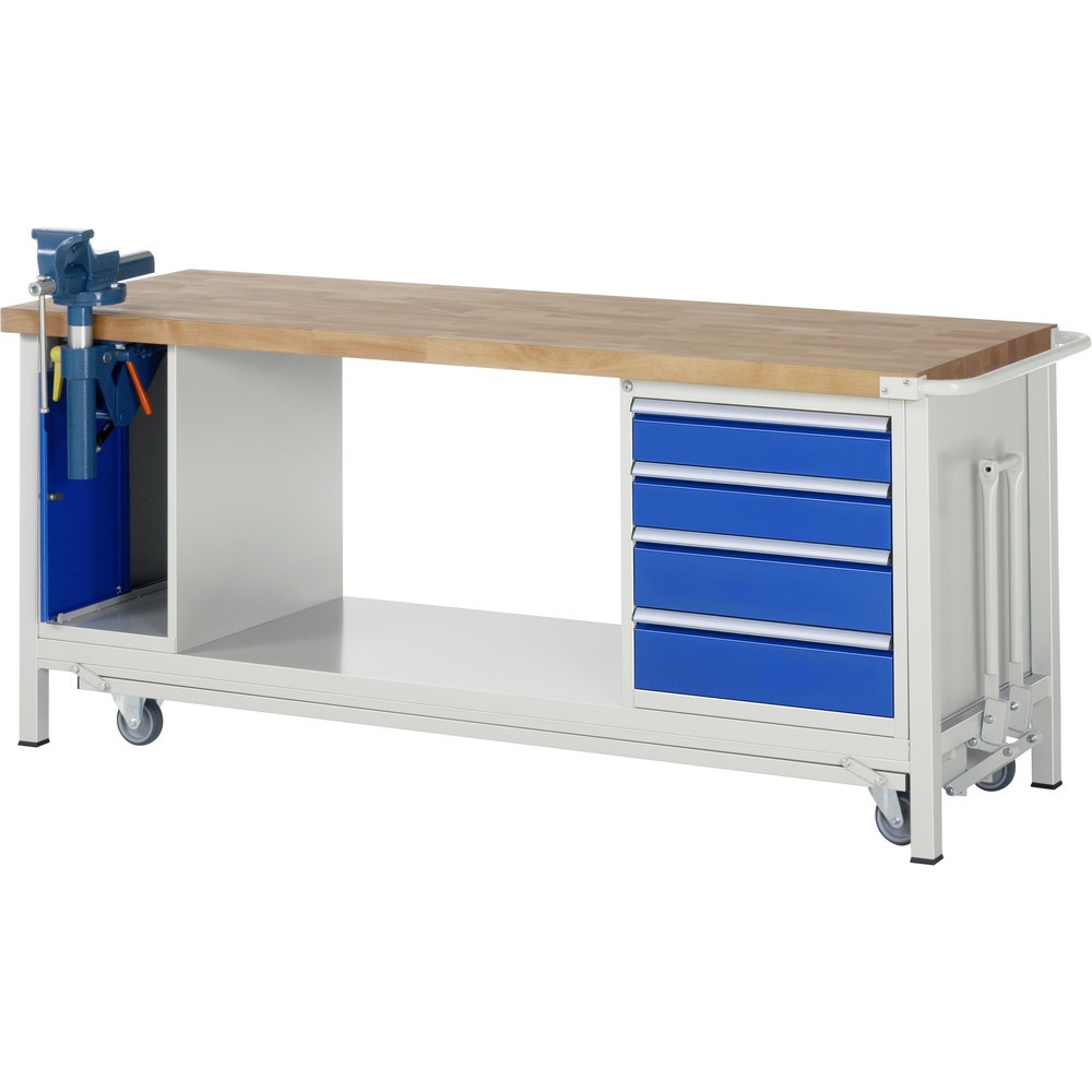 Product afbeelding: RAU werkbank met dolly serie 8000, h x b x d 880 x 2.000 x 700 mm, 1 onderbouwkast met 4 lades en inklapbare bankschroef