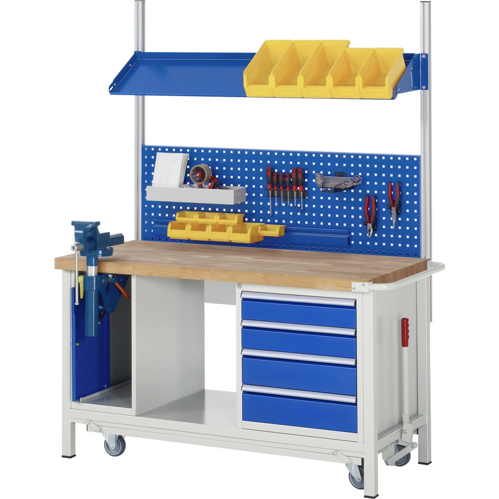 Productafbeelding nr. 10: Werkbank RAU serie 8000 met neerlaatbaar onderstel, 2 kasten, 1 legbord, hxbxd 880 x 1.500 x 700 mm, 5 x voor 90% uittrekbare lades