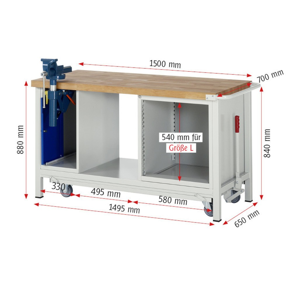Productafbeelding nr. 11: Werkbank RAU serie 8000 met neerlaatbaar onderstel, 2 kasten, 1 legbord, hxbxd 880 x 1.500 x 700 mm, 5 x voor 90% uittrekbare lades