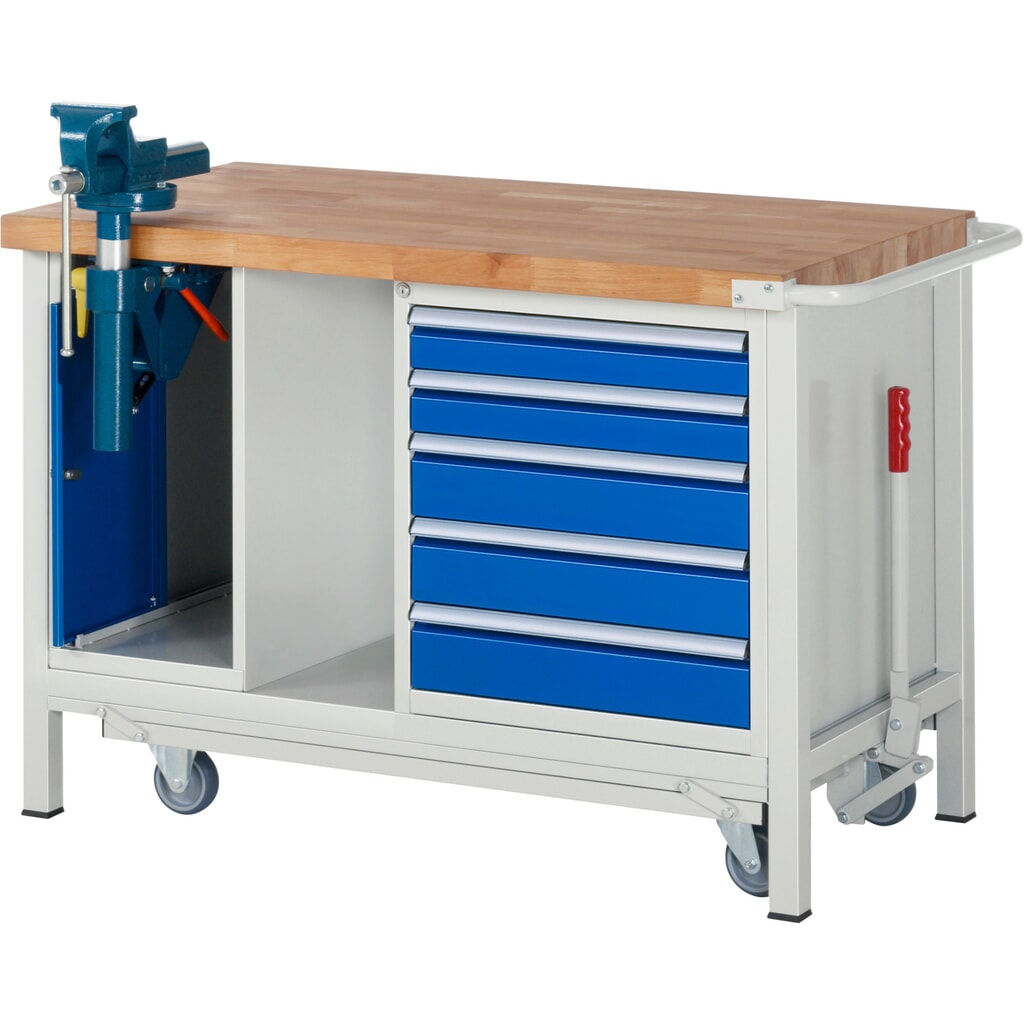Werkbank RAU serie 8000 met neerlaatbaar onderstel, 2 kasten, 1 legbord, hxbxd 880 x 1.250 x 700 mm, 5 x voor 90% uittrekbare lades Product afbeelding: Werkbank RAU serie 8000 met neerlaatbaar onderstel, 2 kasten, 1 legbord, hxbxd 880 x 1.250 x 700 mm, 5 x voor 90% uittrekbare lades