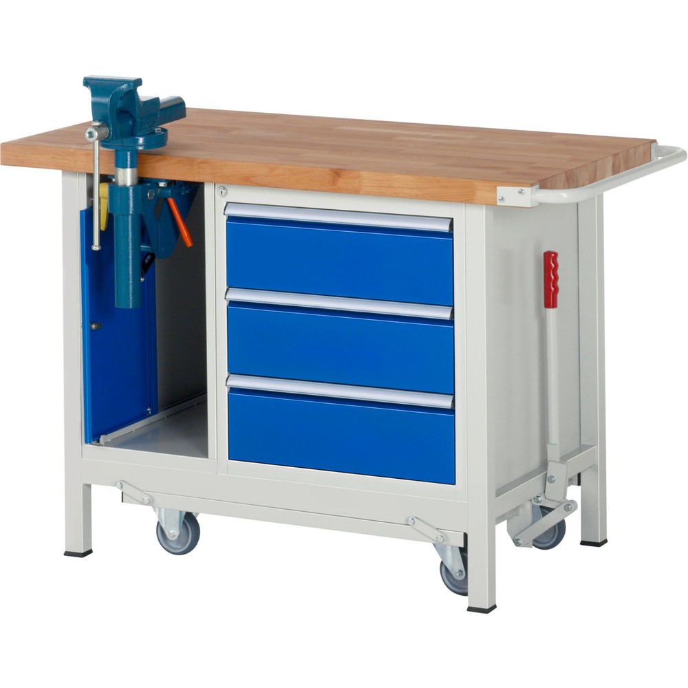 Productafbeelding nr. 1: Werkbank RAU serie 8000 met neerlaatbaar onderstel, 2 kasten, hxbxd 880 x 1.250 x 700 mm, 3 x voor 90% uittrekbare lades