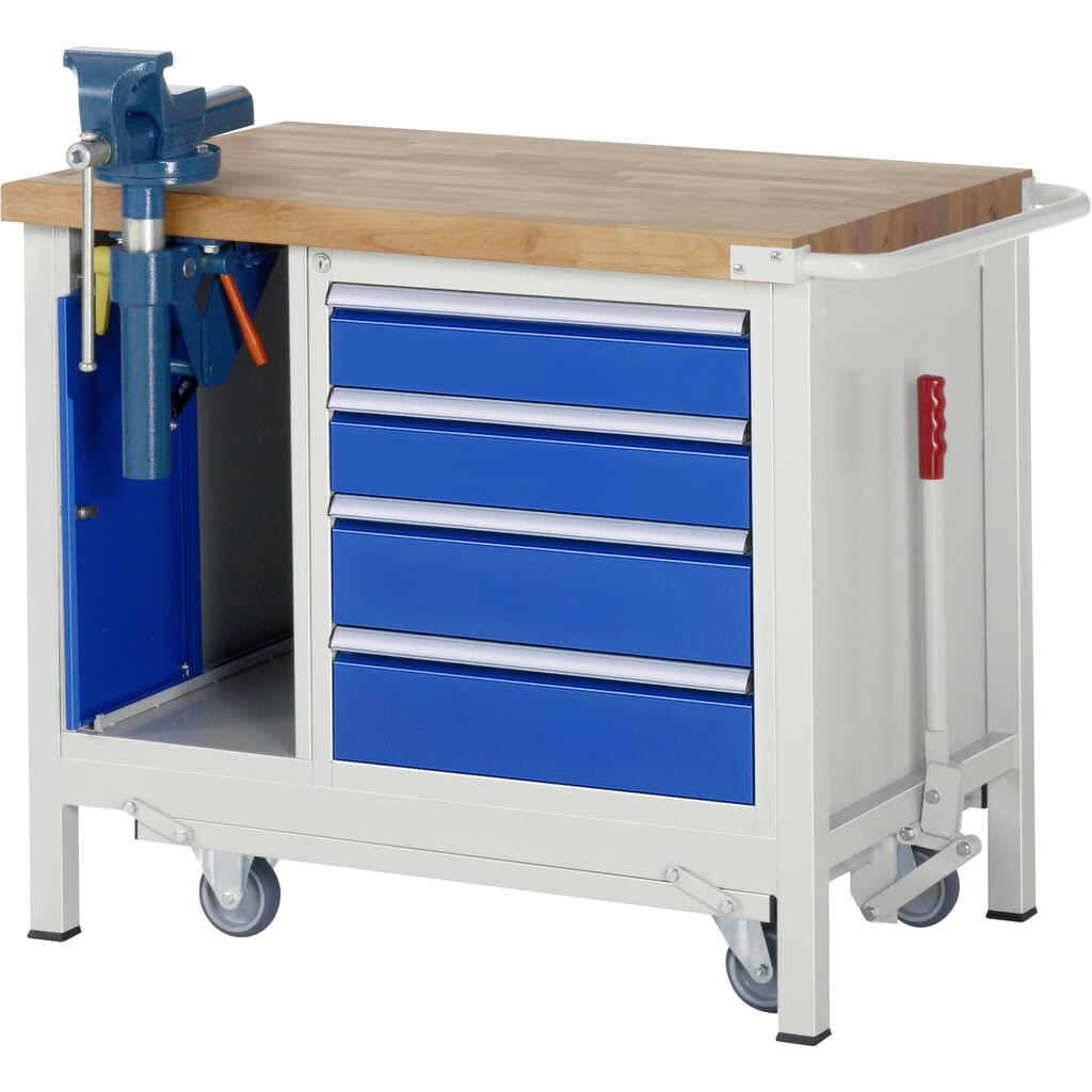 RAU werkbank met dolly serie 8000, h x b x d 880 x 1.000 x 700 mm, 1 onderbouwkast met 4 lades en inklapbare bankschroef Product afbeelding: RAU werkbank met dolly serie 8000, h x b x d 880 x 1.000 x 700 mm, 1 onderbouwkast met 4 lades en inklapbare bankschroef