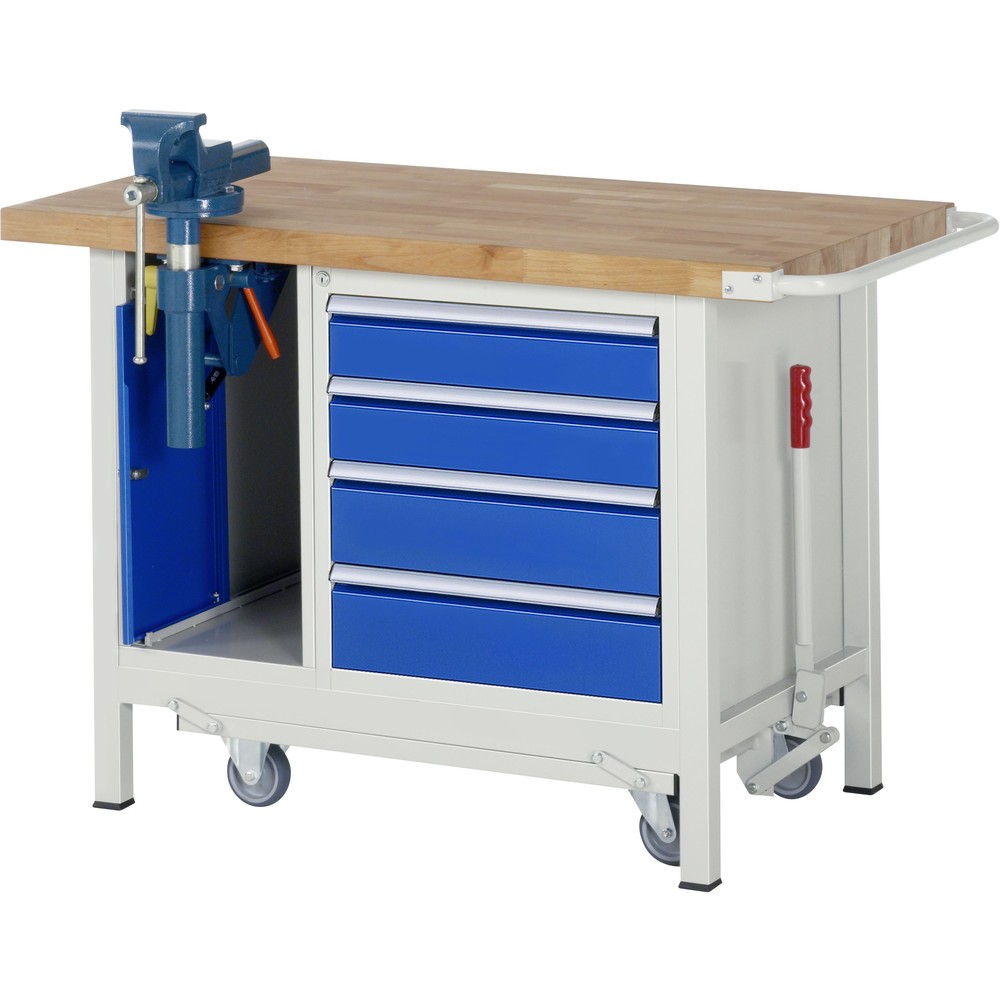 Product afbeelding: RAU werkbank met dolly serie 8000, h x b x d 880 x 1.250 x 700 mm, 1 onderbouwkast met 4 lades en inklapbare bankschroef