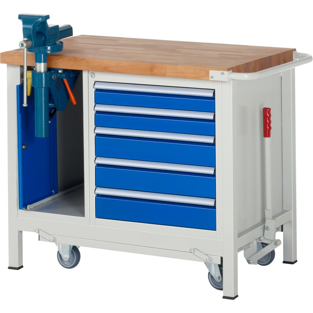 Productafbeelding nr. 1: Werkbank RAU serie 8000 met neerlaatbaar onderstel, 2 kasten, hxbxd 880 x 1.000 x 700 mm, 5 lades 2 x 90 mm, 3 x 120 mm