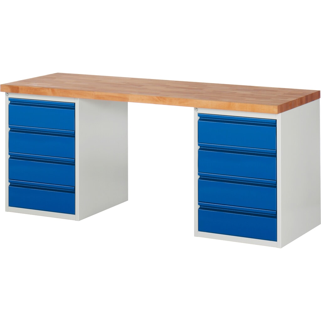 Werkbank Steinbock®, met 2 x 4 lades, hxbxd 840 x 2.000 x 700 mm, RAL 7035 / 5010 Product afbeelding: Werkbank Steinbock®, met 2 x 4 lades, hxbxd 840 x 2.000 x 700 mm, RAL 7035 / 5010