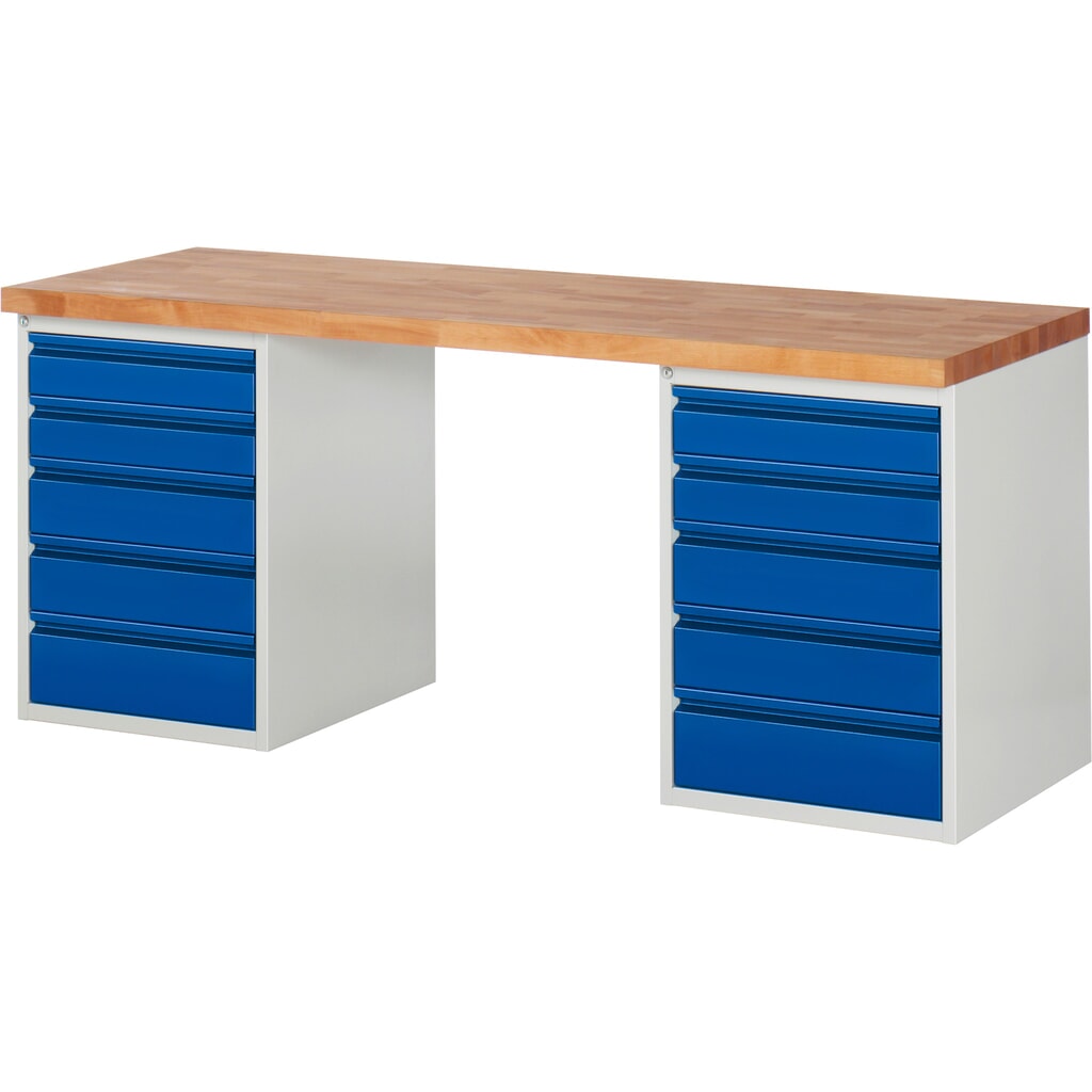 Werkbank Steinbock®, met 2 x 5 lades, hxbxd 840 x 2.000 x 700 mm, RAL 7035 / 5010 Product afbeelding: Werkbank Steinbock®, met 2 x 5 lades, hxbxd 840 x 2.000 x 700 mm, RAL 7035 / 5010