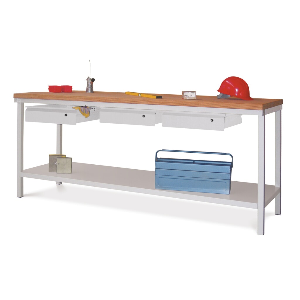 Werkbanktafel PAVOY met lade + aflegvlak, hxbxd 900 x 2.000 x 700 mm, lichtgrijs, lichtgrijs Product afbeelding: Werkbanktafel PAVOY met lade + aflegvlak, hxbxd 900 x 2.000 x 700 mm, lichtgrijs, lichtgrijs