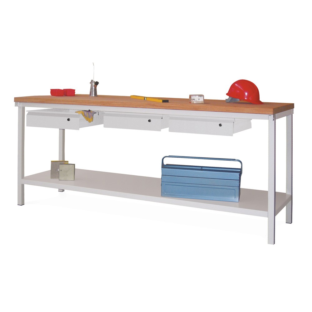 Product afbeelding: Werkbanktafel PAVOY met 3 lades + aflegvlak, hxbxd 900 x 2.000 x 700 mm, gentiaanblauw, lichtgrijs