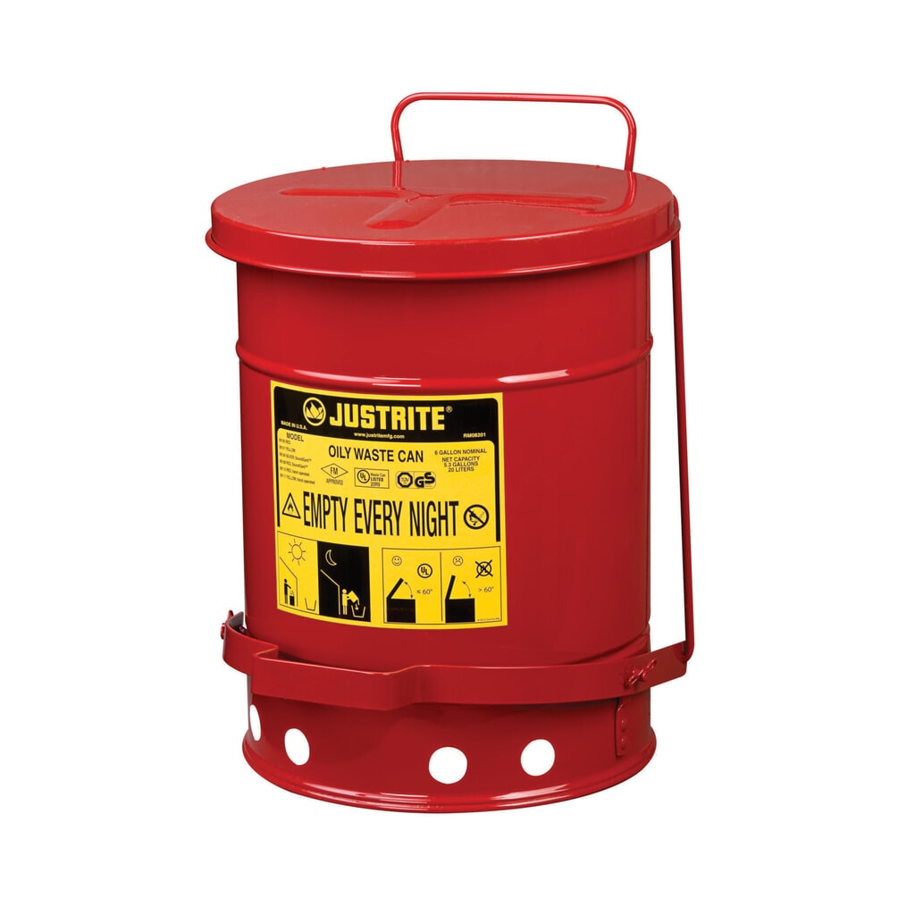Product afbeelding: Justrite werkbankverzamelbak SoundGuard™, voetpedaal, rood, 20 liter