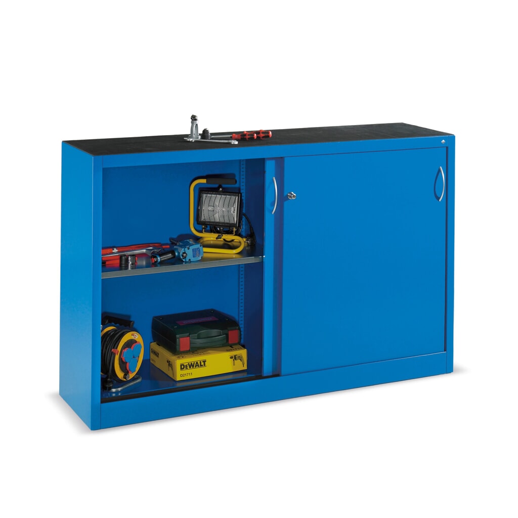 Werkplaatsbijzetkast C+P met 2 legborden, hxbxd 1.000 x 1.600 x 400 mm, scheidingswand, lichtgrijs, gentiaanblauw Productafbeelding nr. 3: Werkplaatsbijzetkast C+P met 2 legborden, hxbxd 1.000 x 1.600 x 400 mm, scheidingswand, lichtgrijs, gentiaanblauw