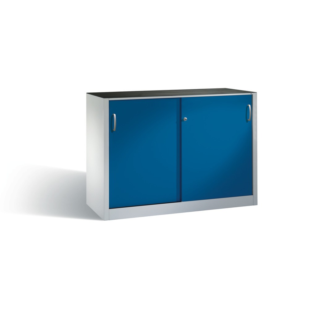 Product afbeelding: Werkplaatsbijzetkast C+P met 2 legborden, hxbxd 1.000 x 1.600 x 400 mm, scheidingswand, lichtgrijs, gentiaanblauw