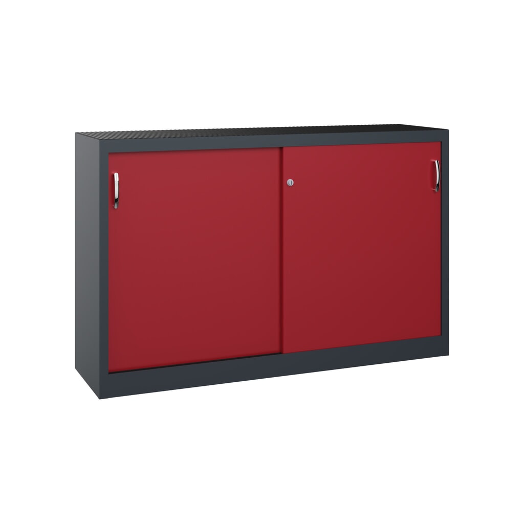 Product afbeelding: Werkplaatsbijzetkast C+P met 2 legborden, hxbxd 1.000 x 1.600 x 400 mm, scheidingswand, antracietgrijs, robijnrood