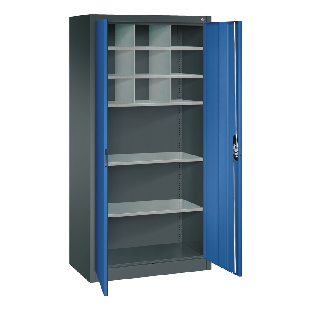 Werkplaatsdraaideurkast C+P met centrale wand + 8 legborden, hxbxd 1.950 x 930 x 500 mm, lichtgrijs, gentiaanblauw Productafbeelding nr. 5: Werkplaatsdraaideurkast C+P met centrale wand + 8 legborden, hxbxd 1.950 x 930 x 500 mm, lichtgrijs, gentiaanblauw