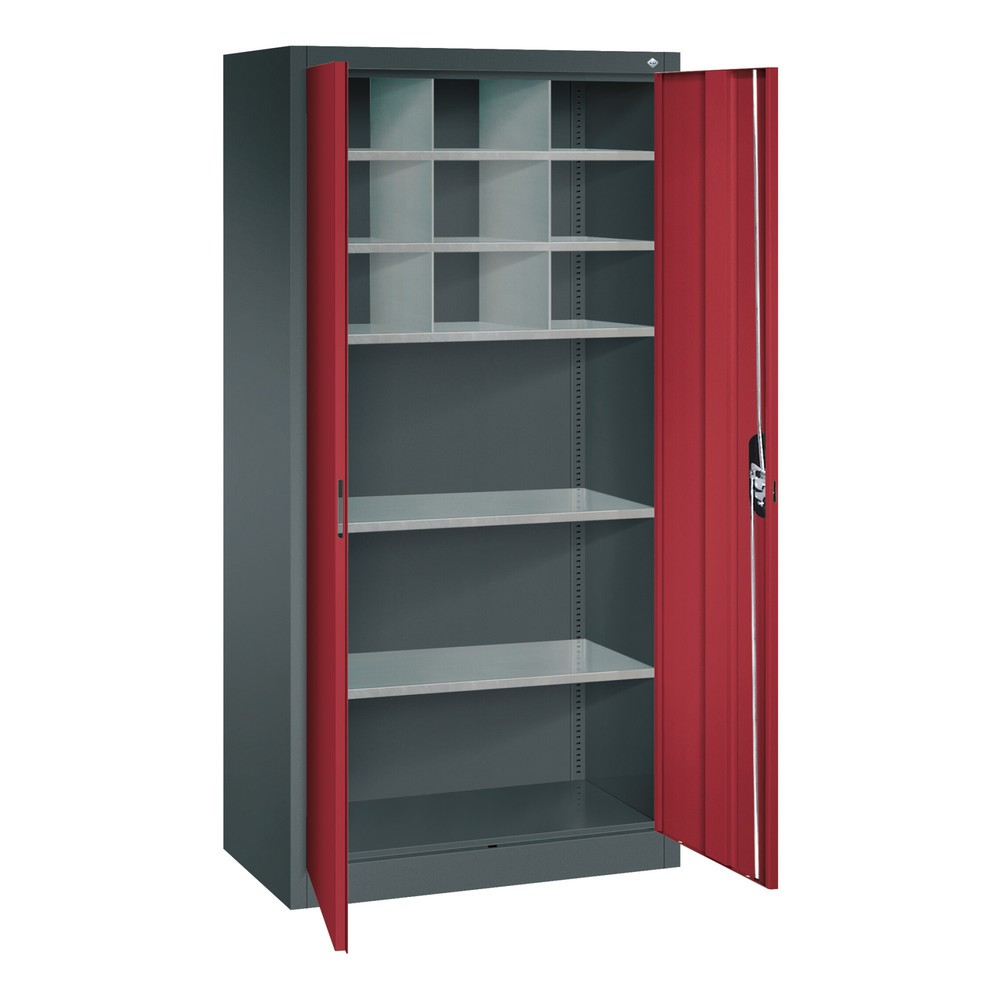 Productafbeelding nr. 5: Werkplaatsdraaideurkast C+P met centrale wand + 8 legborden, hxbxd 1.950 x 930 x 500 mm, lichtgrijs, robijnrood