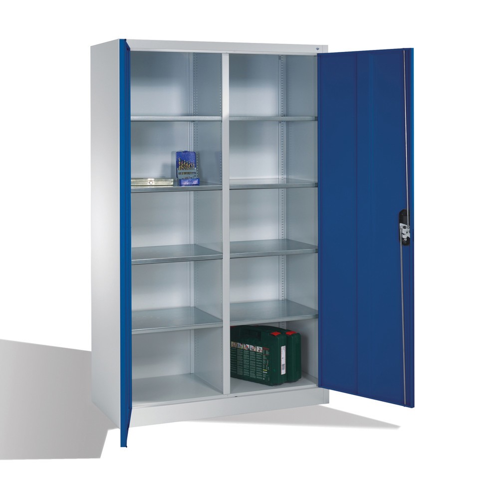 Productafbeelding nr. 4: Werkplaatsdraaideurkast C+P met centrale wand + 8 legborden, hxbxd 1.950 x 1.200 x 500 mm, lichtgrijs, gentiaanblauw