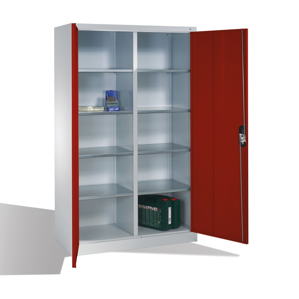 Productafbeelding nr. 5: Werkplaatsdraaideurkast C+P met centrale wand + 8 legborden, hxbxd 1.950 x 1.200 x 500 mm, lichtgrijs, robijnrood
