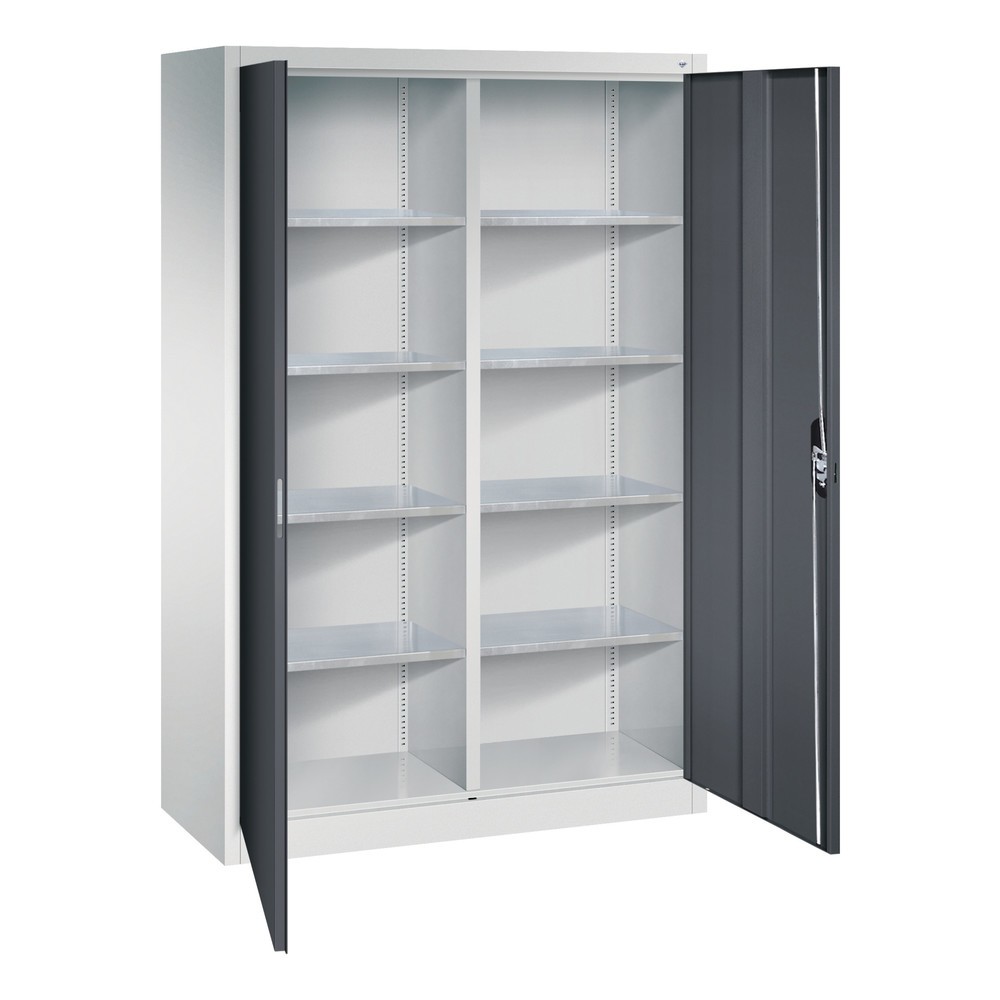 Productafbeelding nr. 1: Werkplaatsdraaideurkast C+P met centrale wand + 8 legborden, hxbxd 1.950 x 1.200 x 500 mm, lichtgrijs, zwartgrijs