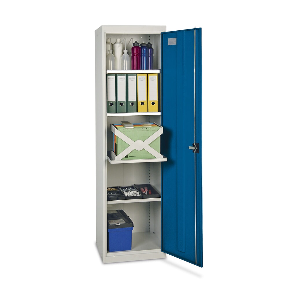 Werkplaatsdraaideurkast stumpf® met 4 bakken, hxbxd 1.800 x 500 x 500 mm, lichtgrijs/gentiaanblauw Product afbeelding: Werkplaatsdraaideurkast stumpf® met 4 bakken, hxbxd 1.800 x 500 x 500 mm, lichtgrijs/gentiaanblauw