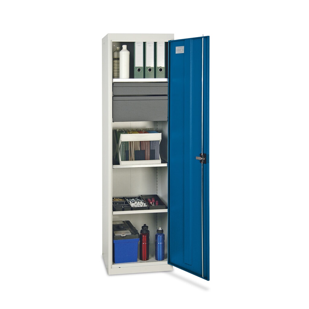 Werkplaatsdraaideurkast stumpf® met 2 laden + 3 bakken, hxbxd 1.800 x 500 x 500 mm, lichtgrijs Product afbeelding: Werkplaatsdraaideurkast stumpf® met 2 laden + 3 bakken, hxbxd 1.800 x 500 x 500 mm, lichtgrijs