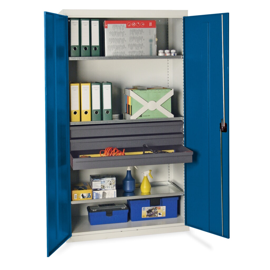 Product afbeelding: Werkplaatsdraaideurkast stumpf® met 3 laden + 3 bakken, hxbxd 1.800 x 1.000 x 500 mm, lichtgrijs/gentiaanblauw