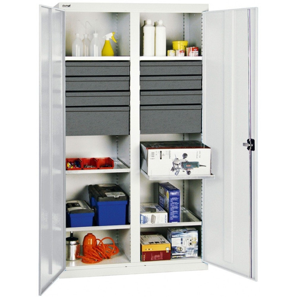 Product afbeelding: Werkplaatsdraaideurkast stumpf® met 14 laden + 4 bakken + scheidingswand, hxbxd 1.800 x 1.000 x 500 mm, lichtgrijs