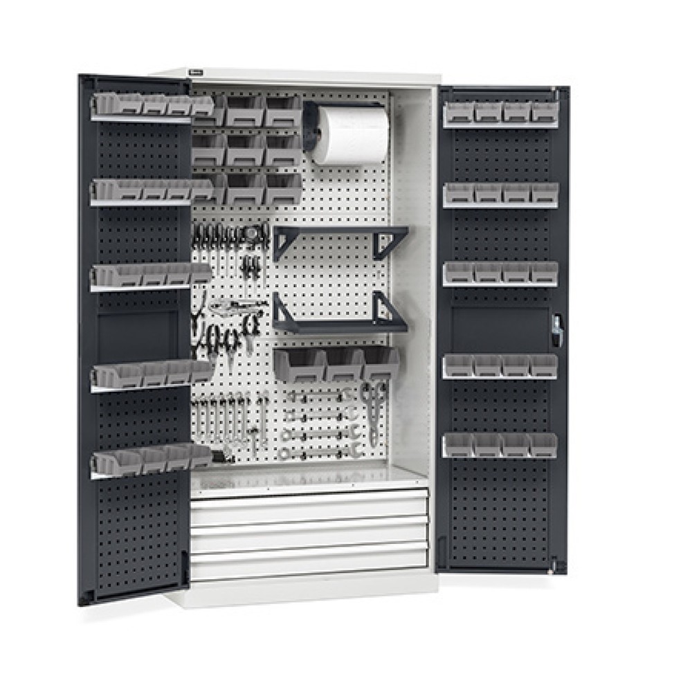 Product afbeelding: Werkplaatskast Fami PERFOM, 4 geperforeerde legborden, 3 lades, geperforeerde platen voor deur, bakken, hxbxd 2.000 x 1.023 x 726 mm, lichtgrijs, antraciet