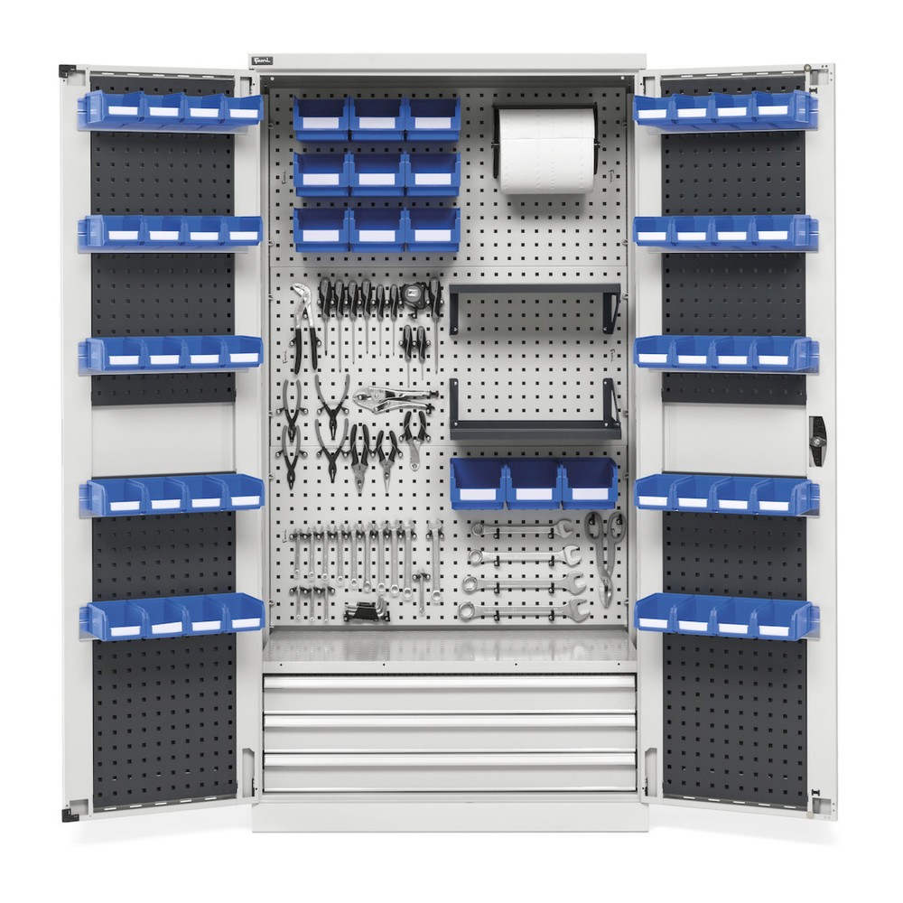 Productafbeelding nr. 2: Werkplaatskast Fami PERFOM, 4 geperforeerde legborden, 3 lades, geperforeerde platen voor deur, bakken, hxbxd 2.000 x 1.023 x 726 mm, lichtgrijs, antraciet