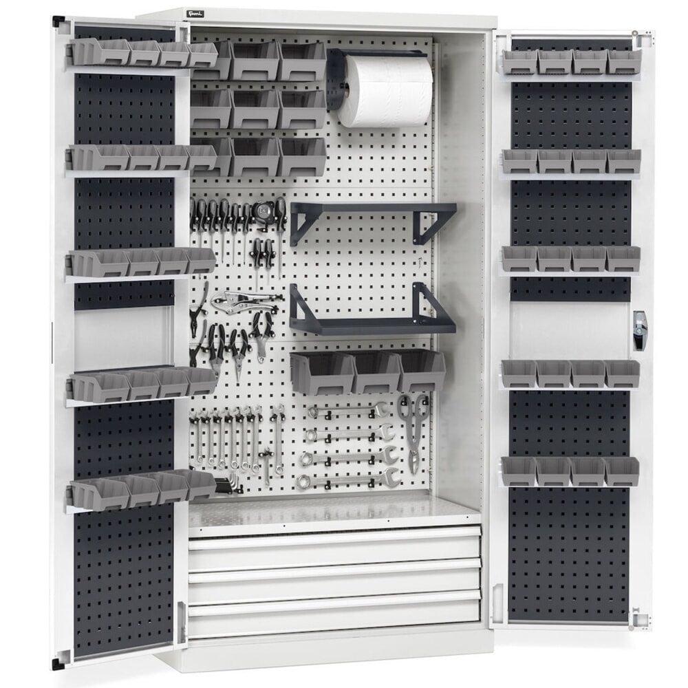 Productafbeelding nr. 13: Werkplaatskast Fami PERFOM, 4 geperforeerde legborden, 3 lades, geperforeerde platen voor deur, bakken, hxbxd 2.000 x 1.023 x 726 mm, lichtgrijs