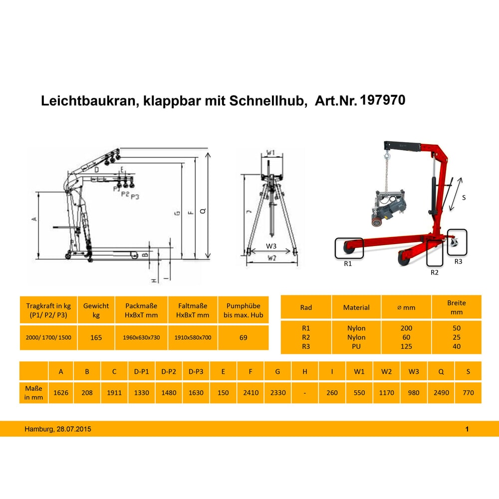 Productafbeelding nr. 3: Werkplaatskraan met gespreid frame en snelhef, inklapbaar, cap. 1.500-2.000 kg, RAL 3020 verkeersrood