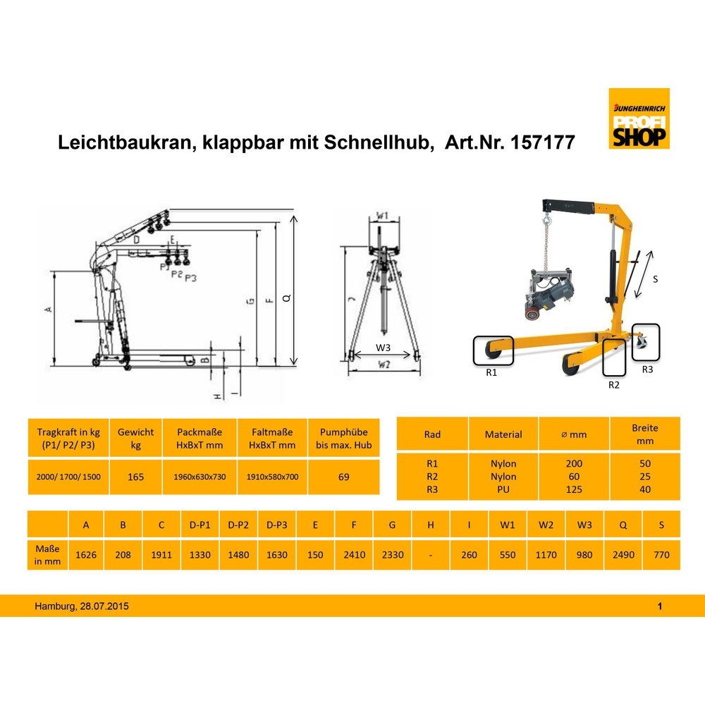 Productafbeelding nr. 4: Werkplaatskraan met gespreid frame en snelhef, inklapbaar, cap. 1.500-2.000 kg, RAL 3020 verkeersrood
