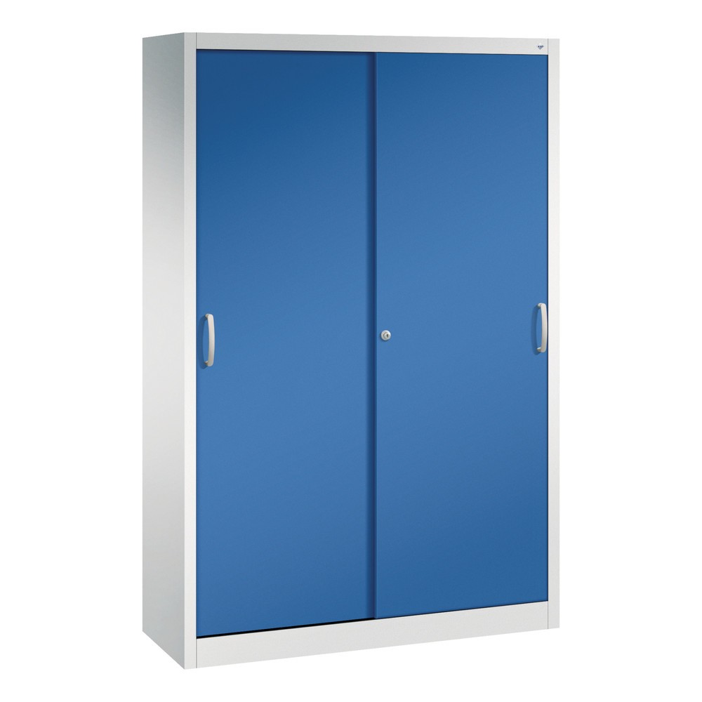 Product afbeelding: Werkplaatsschuifdeurkast C+P met 4 legborden, hxbxd 1.950 x 1.200 x 400 mm, lichtgrijs, gentiaanblauw