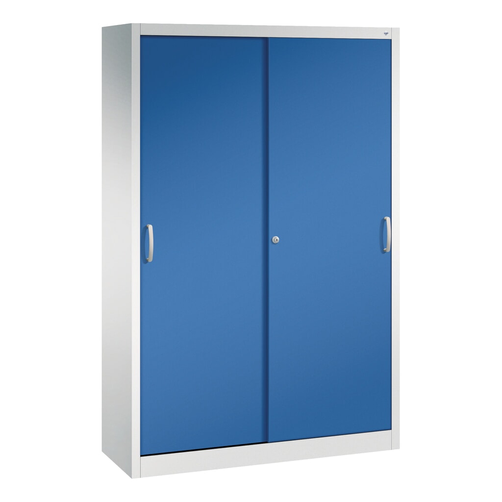 Werkplaatsschuifdeurkast C+P met 4 legborden, hxbxd 1.950 x 1.200 x 400 mm, lichtgrijs, gentiaanblauw Productafbeelding nr. 1: Werkplaatsschuifdeurkast C+P met 4 legborden, hxbxd 1.950 x 1.200 x 400 mm, lichtgrijs, gentiaanblauw