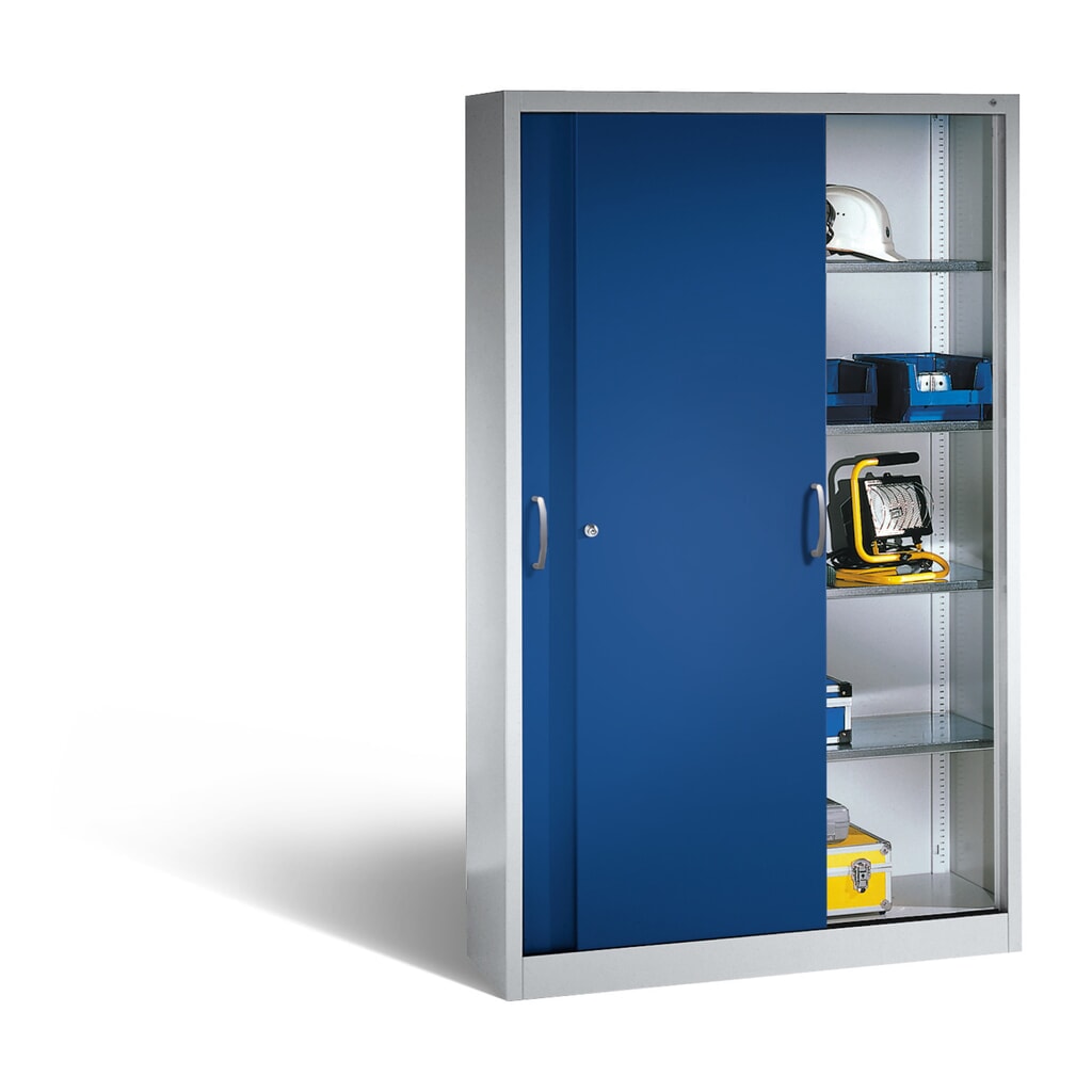 Werkplaatsschuifdeurkast C+P met 4 legborden, hxbxd 1.950 x 1.200 x 400 mm, lichtgrijs, gentiaanblauw Productafbeelding nr. 4: Werkplaatsschuifdeurkast C+P met 4 legborden, hxbxd 1.950 x 1.200 x 400 mm, lichtgrijs, gentiaanblauw