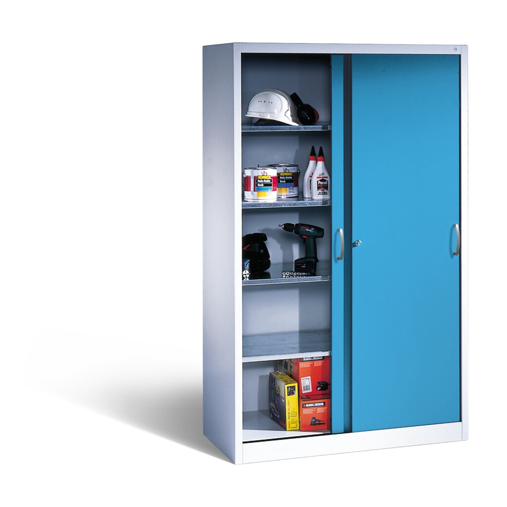 Werkplaatsschuifdeurkast C+P met 4 legborden, hxbxd 1.950 x 1.200 x 400 mm, lichtgrijs, lichtblauw Productafbeelding nr. 4: Werkplaatsschuifdeurkast C+P met 4 legborden, hxbxd 1.950 x 1.200 x 400 mm, lichtgrijs, lichtblauw