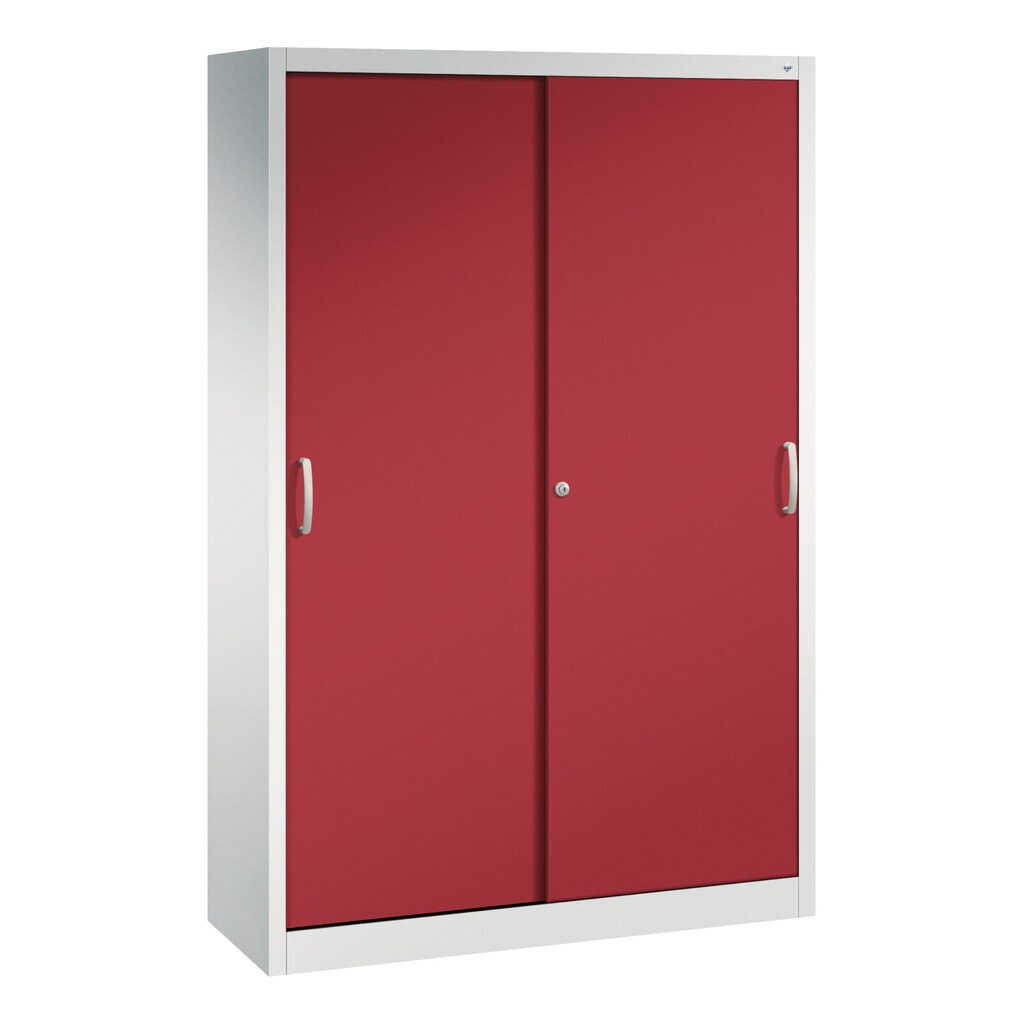Werkplaatsschuifdeurkast C+P met 4 legborden, hxbxd 1.950 x 1.200 x 400 mm, lichtgrijs, robijnrood Product afbeelding: Werkplaatsschuifdeurkast C+P met 4 legborden, hxbxd 1.950 x 1.200 x 400 mm, lichtgrijs, robijnrood