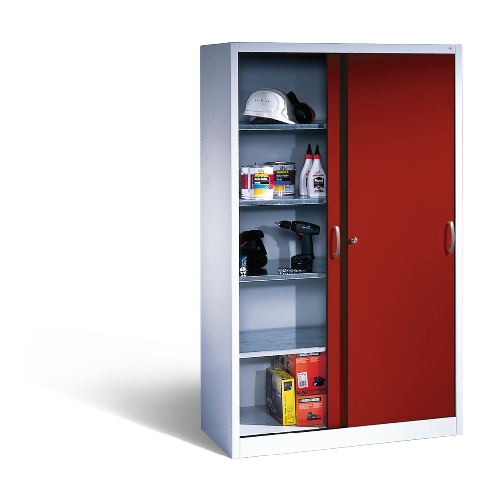 Werkplaatsschuifdeurkast C+P met 4 legborden, hxbxd 1.950 x 1.200 x 400 mm, lichtgrijs, robijnrood Productafbeelding nr. 4: Werkplaatsschuifdeurkast C+P met 4 legborden, hxbxd 1.950 x 1.200 x 400 mm, lichtgrijs, robijnrood
