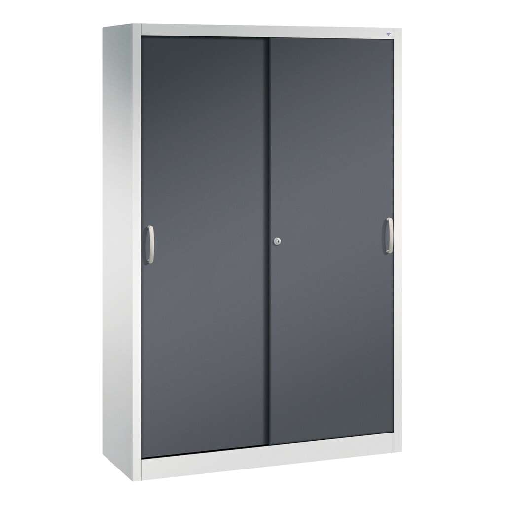 Werkplaatsschuifdeurkast C+P met 4 legborden, hxbxd 1.950 x 1.200 x 400 mm, lichtgrijs, zwartgrijs Product afbeelding: Werkplaatsschuifdeurkast C+P met 4 legborden, hxbxd 1.950 x 1.200 x 400 mm, lichtgrijs, zwartgrijs