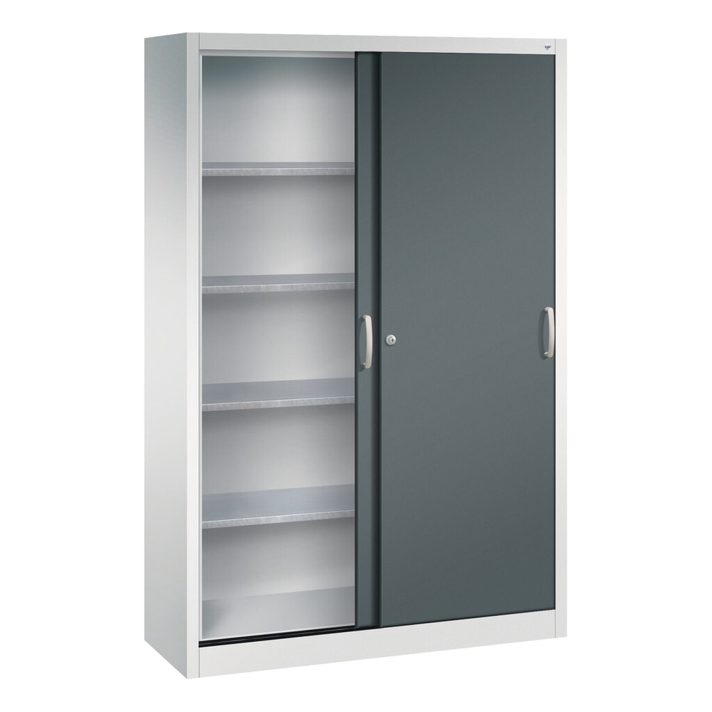 Werkplaatsschuifdeurkast C+P met 4 legborden, hxbxd 1.950 x 1.200 x 400 mm, lichtgrijs, antracietgrijs Productafbeelding nr. 3: Werkplaatsschuifdeurkast C+P met 4 legborden, hxbxd 1.950 x 1.200 x 400 mm, lichtgrijs, antracietgrijs