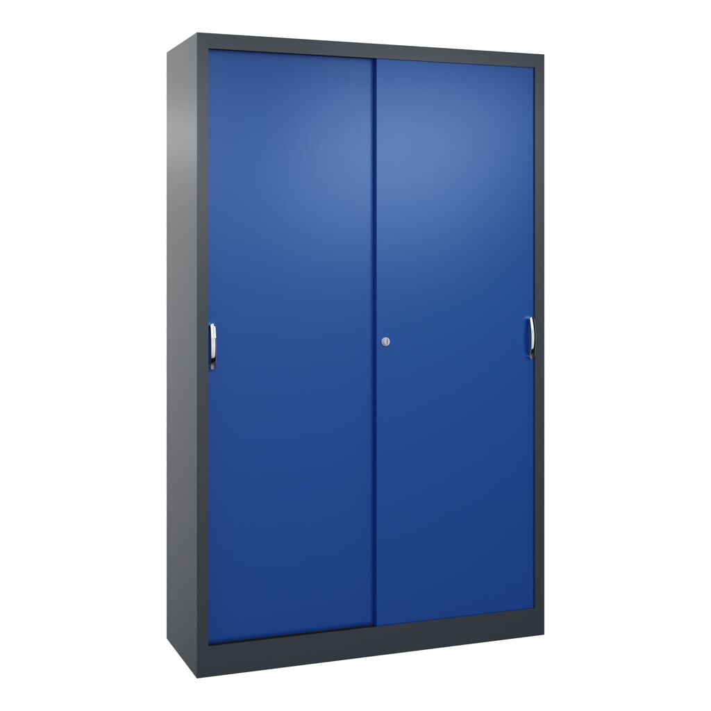 Werkplaatsschuifdeurkast C+P met 4 legborden, hxbxd 1.950 x 1.200 x 400 mm, antracietgrijs, gentiaanblauw Product afbeelding: Werkplaatsschuifdeurkast C+P met 4 legborden, hxbxd 1.950 x 1.200 x 400 mm, antracietgrijs, gentiaanblauw