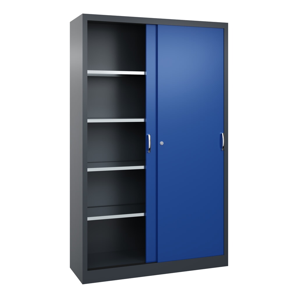 Werkplaatsschuifdeurkast C+P met 4 legborden, hxbxd 1.950 x 1.200 x 400 mm, antracietgrijs, gentiaanblauw Productafbeelding nr. 3: Werkplaatsschuifdeurkast C+P met 4 legborden, hxbxd 1.950 x 1.200 x 400 mm, antracietgrijs, gentiaanblauw
