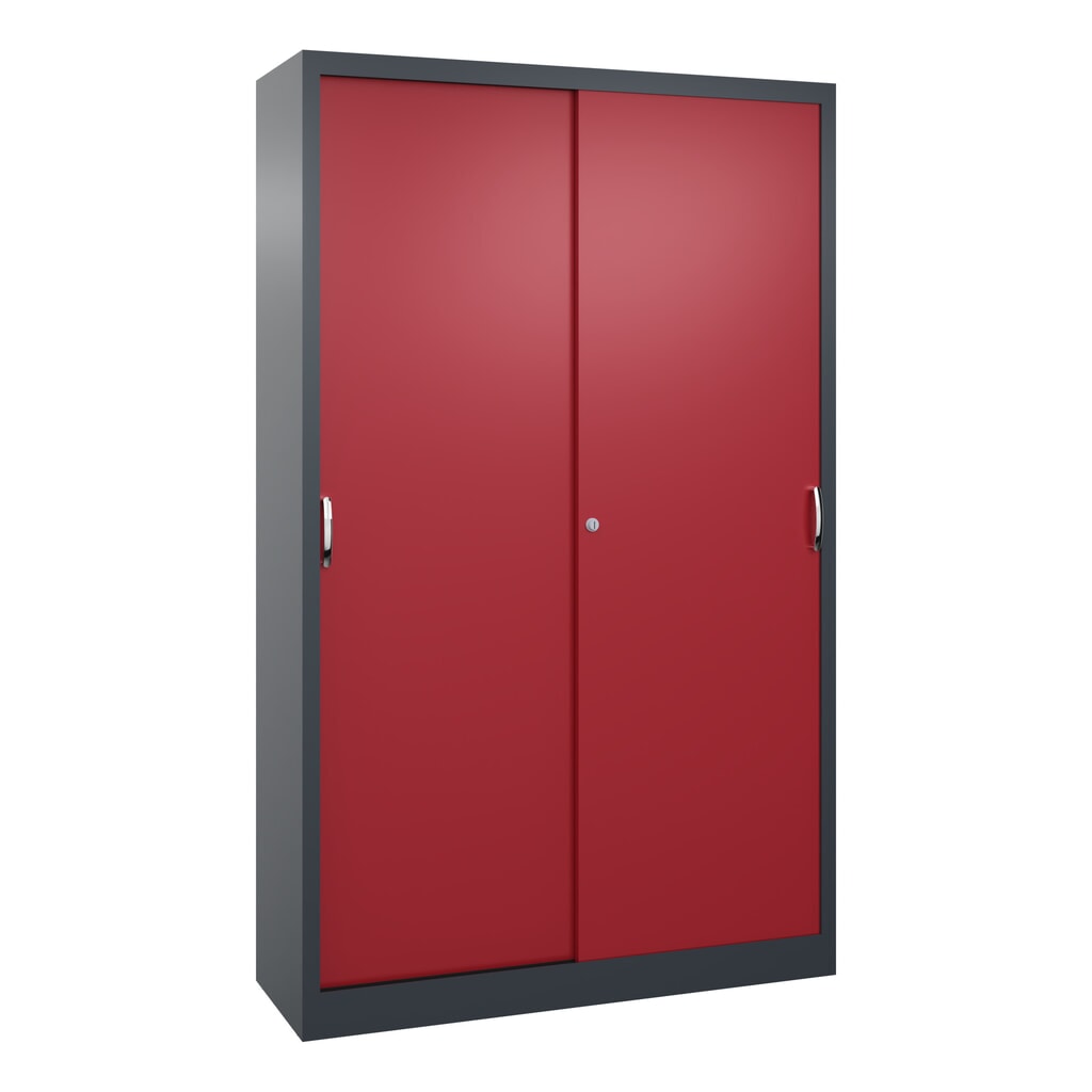 Werkplaatsschuifdeurkast C+P met 4 legborden, hxbxd 1.950 x 1.200 x 400 mm, antracietgrijs, robijnrood Product afbeelding: Werkplaatsschuifdeurkast C+P met 4 legborden, hxbxd 1.950 x 1.200 x 400 mm, antracietgrijs, robijnrood