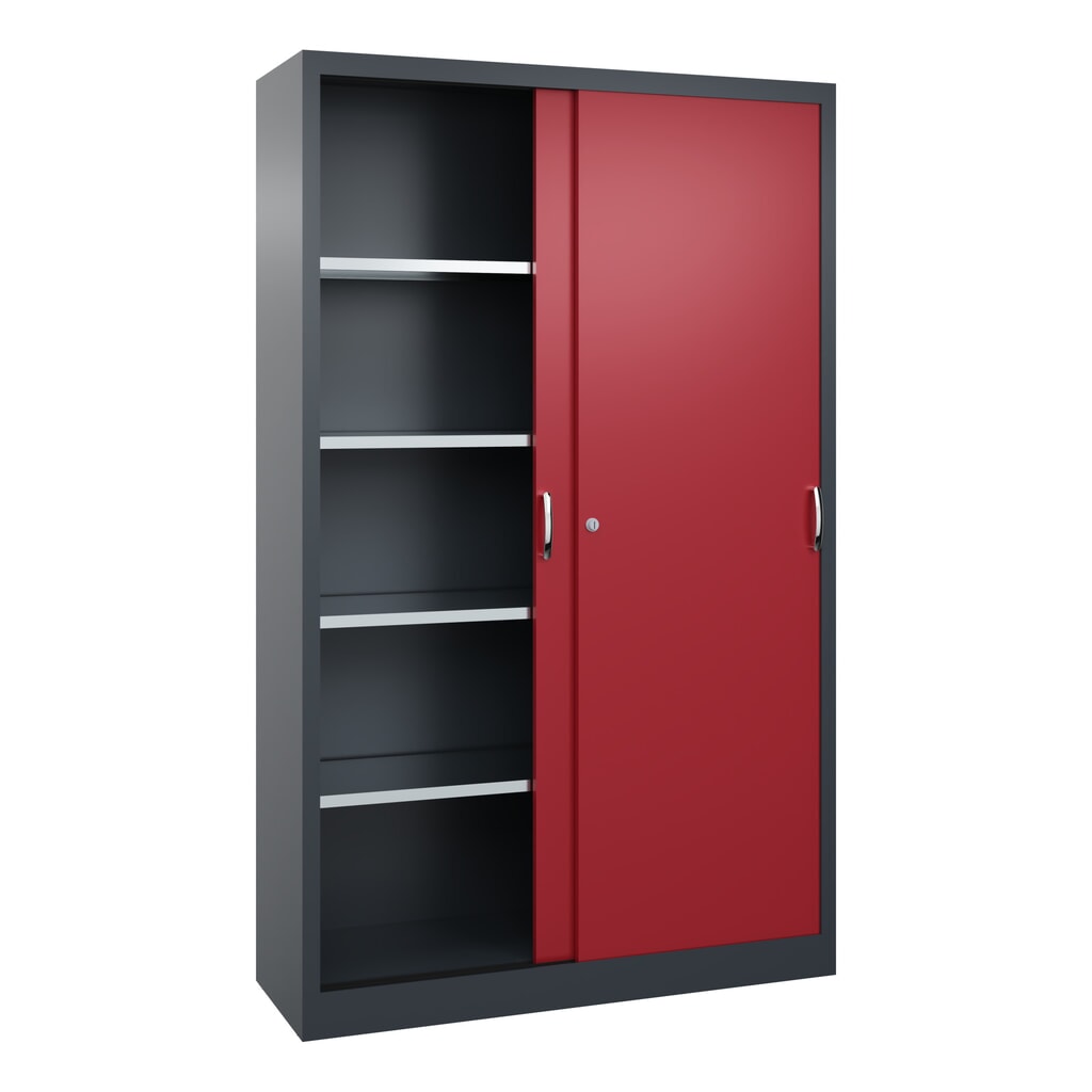 Werkplaatsschuifdeurkast C+P met 4 legborden, hxbxd 1.950 x 1.200 x 400 mm, antracietgrijs, robijnrood Productafbeelding nr. 3: Werkplaatsschuifdeurkast C+P met 4 legborden, hxbxd 1.950 x 1.200 x 400 mm, antracietgrijs, robijnrood