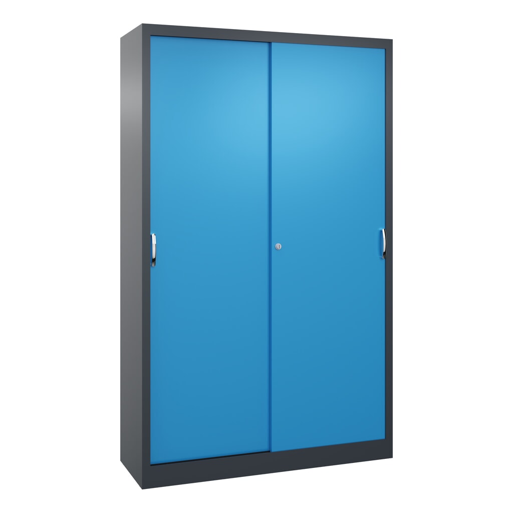 Werkplaatsschuifdeurkast C+P met 4 legborden, hxbxd 1.950 x 1.200 x 400 mm, antracietgrijs, lichtblauw Product afbeelding: Werkplaatsschuifdeurkast C+P met 4 legborden, hxbxd 1.950 x 1.200 x 400 mm, antracietgrijs, lichtblauw