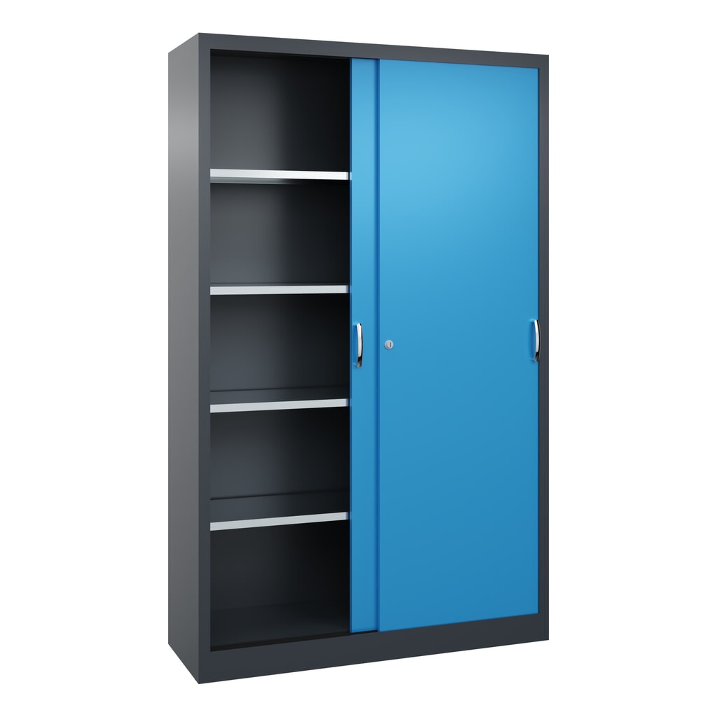 Werkplaatsschuifdeurkast C+P met 4 legborden, hxbxd 1.950 x 1.200 x 400 mm, antracietgrijs, lichtblauw Productafbeelding nr. 3: Werkplaatsschuifdeurkast C+P met 4 legborden, hxbxd 1.950 x 1.200 x 400 mm, antracietgrijs, lichtblauw