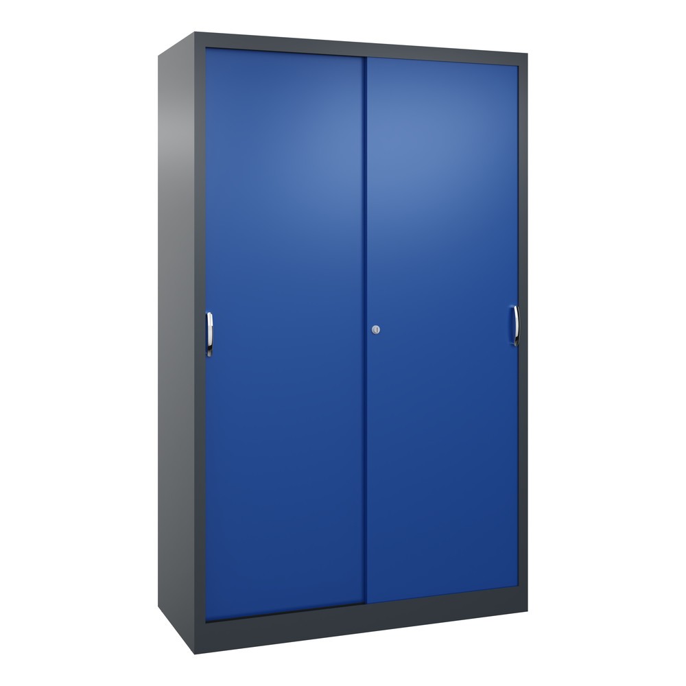 Product afbeelding: Werkplaatsschuifdeurkast C+P met 4 legborden, hxbxd 1.950 x 1.200 x 500 mm, antracietgrijs, gentiaanblauw